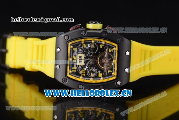 Richard Mille RM011-FM Asia ST25 Automatic PVD Case with Skeleton Dial Arabic Numeral Markers and Yellow Rubber Strap Yellow Inner Bezel - Click Image to Close